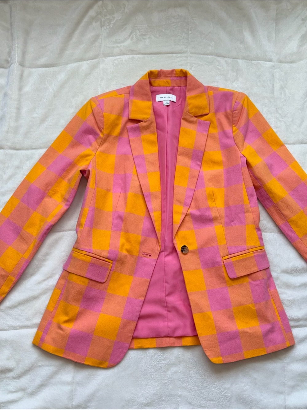 Color-Block Pink & Orange Checked Blazer - Women's Tailored Suit Jacket